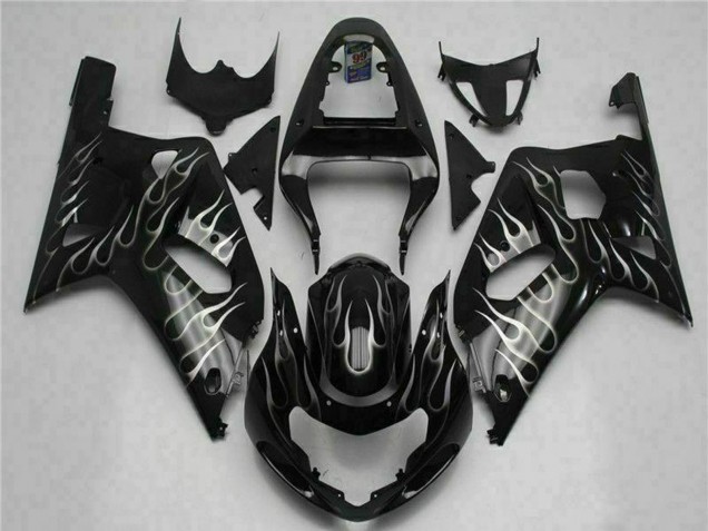 2001-2003 Suzuki GSXR 600/750 Motorcycle Fairings - Glossy Black Silver Flame Canada