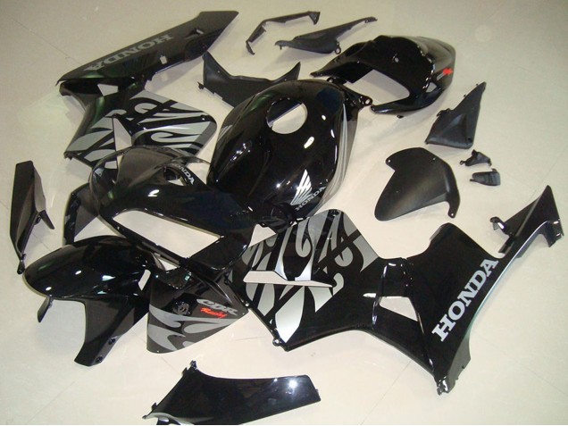 2005-2006 Honda CBR600RR Motorcycle Fairings - Glossy Black Silver with Flame Canada