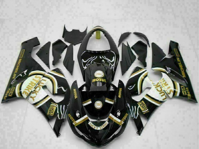 2005-2006 Kawasaki ZX6R Motorcycle Fairings - Glossy Black White Gold Lucky Strike Canada