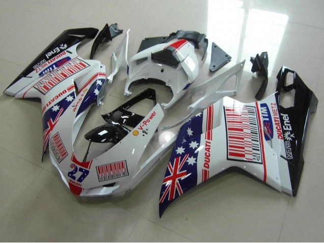 2007-2014 Ducati 848 1098 1198 Motorcycle Fairings - White Blue Red Glossy Black American Flag Tim 27 Canada