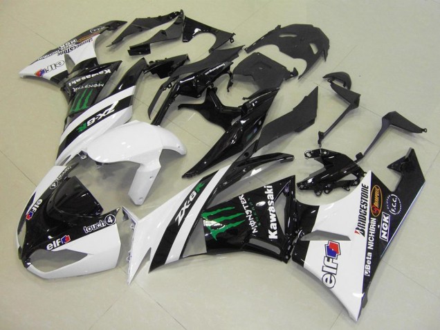 2009-2012 Kawasaki ZX6R Motorcycle Fairings - White Glossy Black Green Elf Touch4 Monster Bridgestone Canada