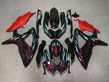 2008-2010 Suzuki GSXR 600 / GSXR 750 Motorcycle Fairings - Glossy Black Red Cyan Flame Canada