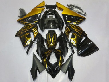 2004-2005 Kawasaki ZX10R Motorcycle Fairings - Glossy Black Gold Flame Canada