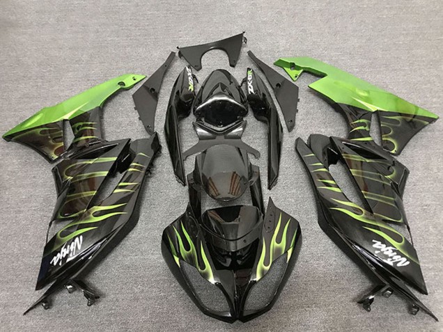 2009-2012 Kawasaki ZX6R Motorcycle Fairings - Glossy Black Green Flame Canada