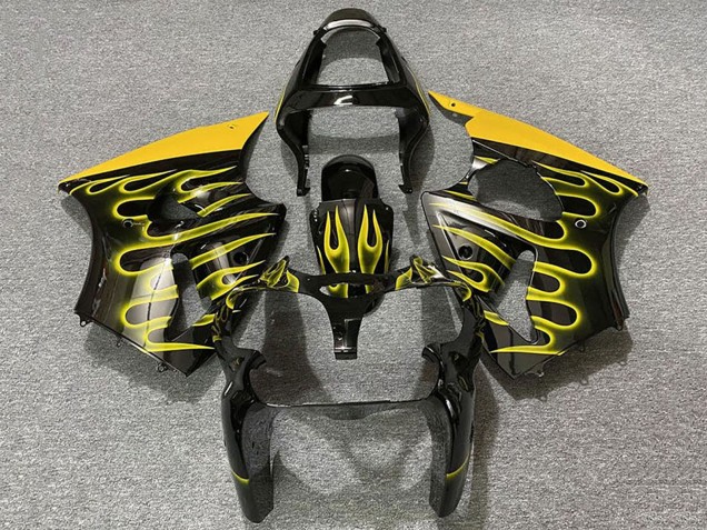 2000-2002 Kawasaki ZX6R Motorcycle Fairings - Glossy Black Yellow Flame Canada