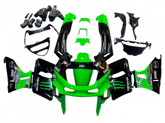 1993-2007 Kawasaki ZZR400 Motorcycle Fairings - Green Glossy Black Green Monster Elf Touch4 Bridgestone Canada
