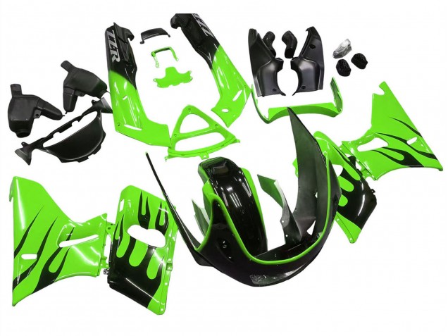 1993-2007 Kawasaki ZZR400 Motorcycle Fairings - Green Glossy Black Flame Canada