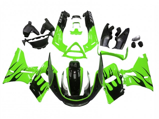 1998-2003 Kawasaki ZZR600 Motorcycle Fairings - Green Glossy Black Flame Canada