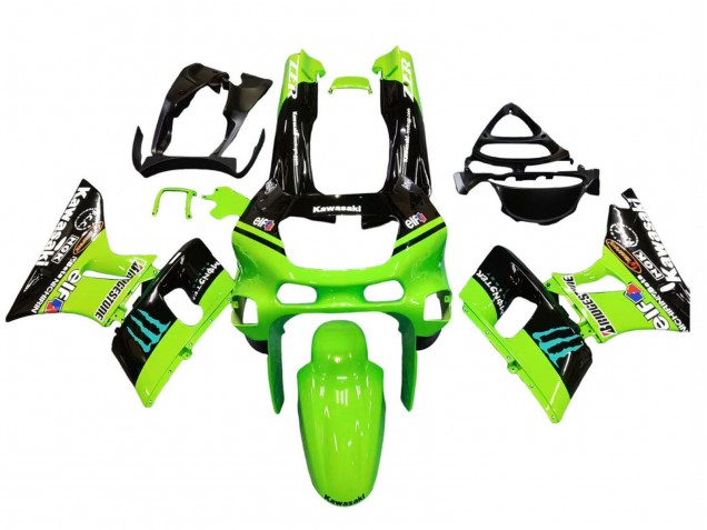 1993-2007 Kawasaki ZZR400 Motorcycle Fairings - Green Glossy Black Blue Monster Elf Touch4 Bridgestone Canada