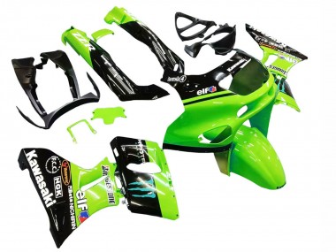1998-2003 Kawasaki ZZR600 Motorcycle Fairings - Green Glossy Black Blue Monster Elf Touch4 Bridgestone Canada