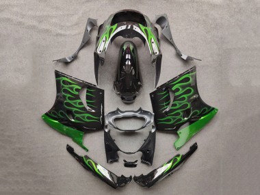 1993-2003 Kawasaki ZZR1100 Motorcycle Fairings - Glossy Black Green Flame Canada