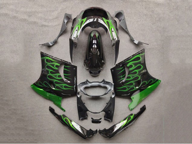 1993-2003 Kawasaki ZZR1100 Motorcycle Fairings - Glossy Black Green Flame Canada