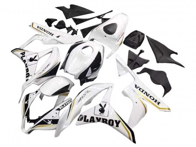 2007-2008 Honda CBR600RR Motorcycle Fairing - White Gold Glossy Black Playboy Canada