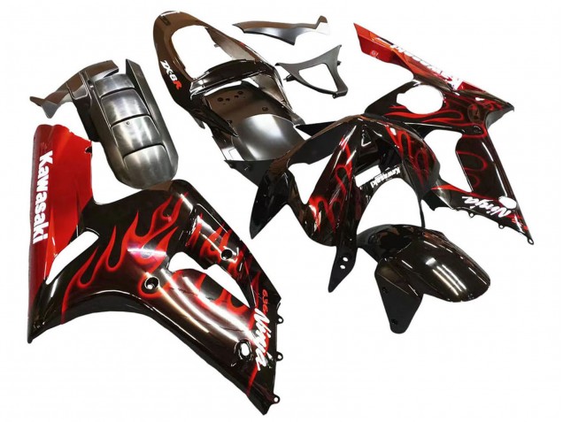 2003-2004 Kawasaki ZX6R Motorcycle Fairings - Glossy Black Red Flame Canada