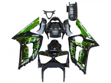 2003-2004 Kawasaki ZX6R Motorcycle Fairings - Glossy Black Green Flame Canada