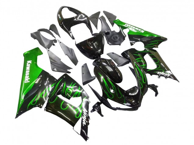 2005-2006 Kawasaki ZX6R Motorcycle Fairing - Glossy Black Green Flame Canada
