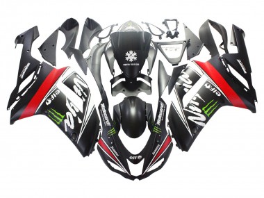 2007-2008 Kawasaki ZX6R Motorcycle Fairings - Black White Red with White Snow Decal Ninja Elf Canada