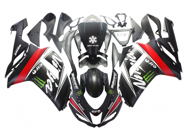 2007-2008 Kawasaki ZX6R Motorcycle Fairings - Black White Red with White Snow Decal Ninja Elf Canada