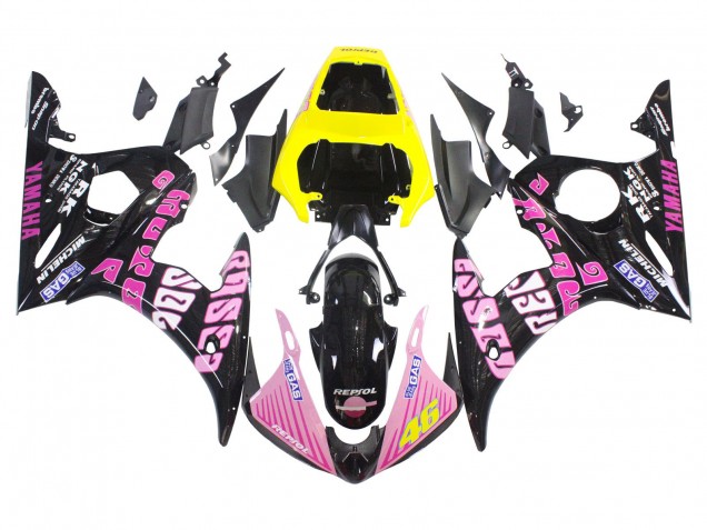 2006-2009 Yamaha YZF R6S Motorcycle Fairings - Yellow Pink Glossy Black Rossi Repsol 46 Canada