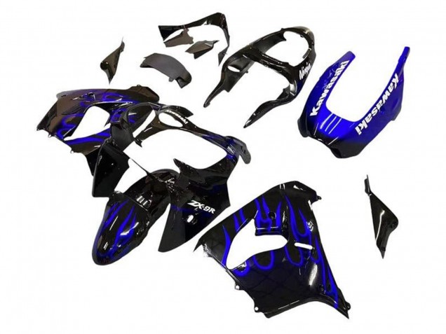 2002-2003 Kawasaki ZX9R Motorcycle Fairings - Black White with Blue Flame Canada