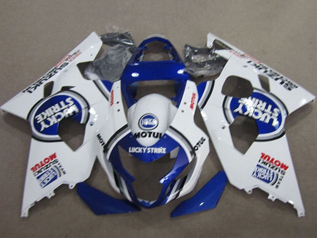2004-2005 Suzuki GSXR 600 Motorcycle Fairings - White Blue Lucky Strike Motul Canada