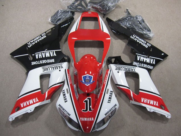 1998-1999 Yamaha YZF R1 Motorcycle Fairings - White Red Glossy Black Yamalube 50 Canada