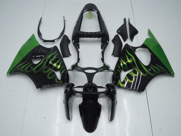 2000-2002 Black with Green Flame Kawasaki Ninja ZX6R Motorcycle Fairings Canada 2000-2002 Black with Green Flame Kawasaki Ninja ZX6R Motorcycle Fairings Canada